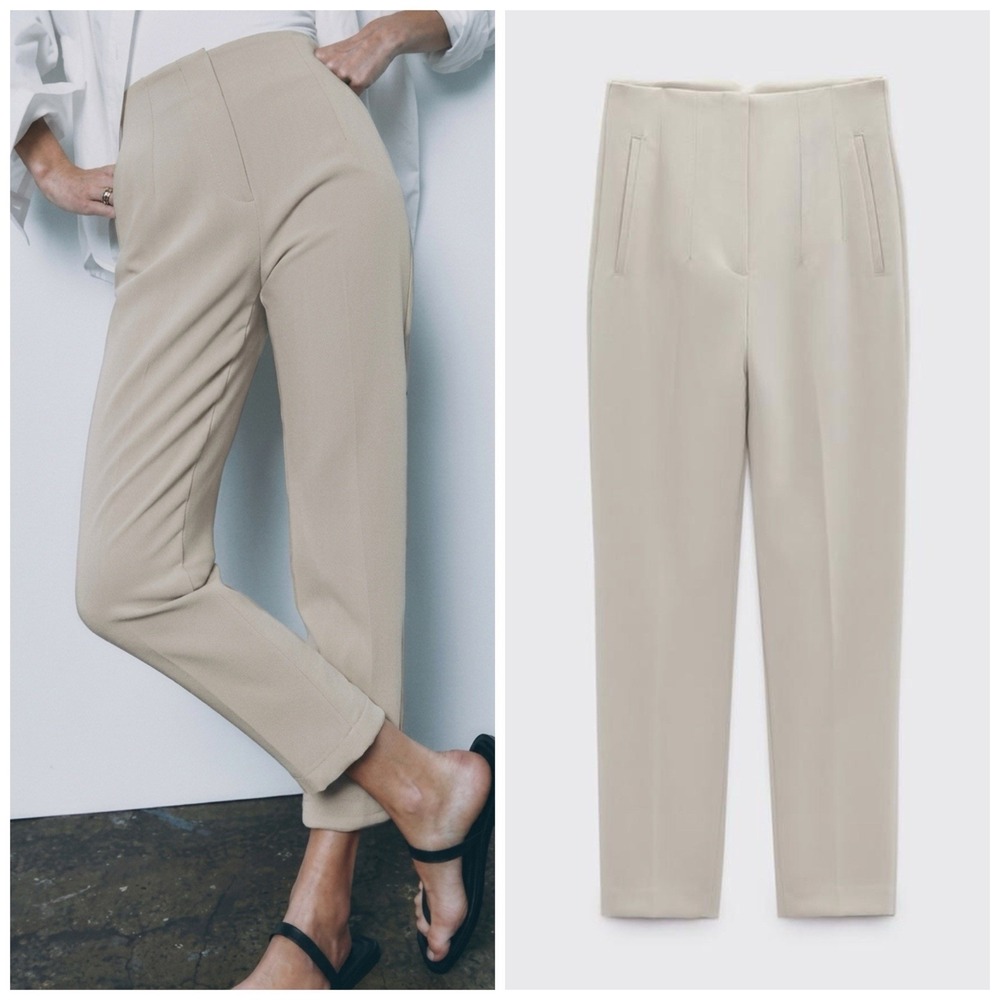 Zara Medium High Waisted Pleated Straight Leg Pants Cream Minimalist‎ Cropped